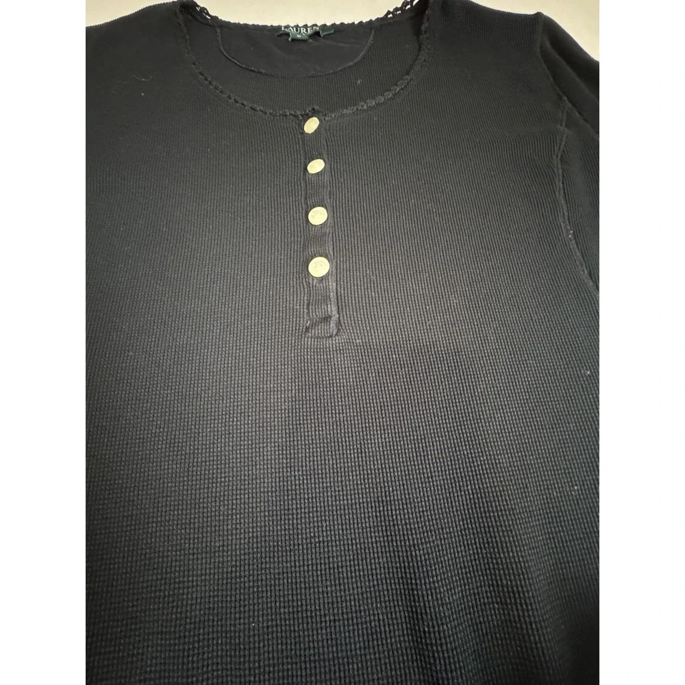 Lauren Ralph Lauren Black Waffle Knit Henley‎ Thermal Nightgown Pajamas XL